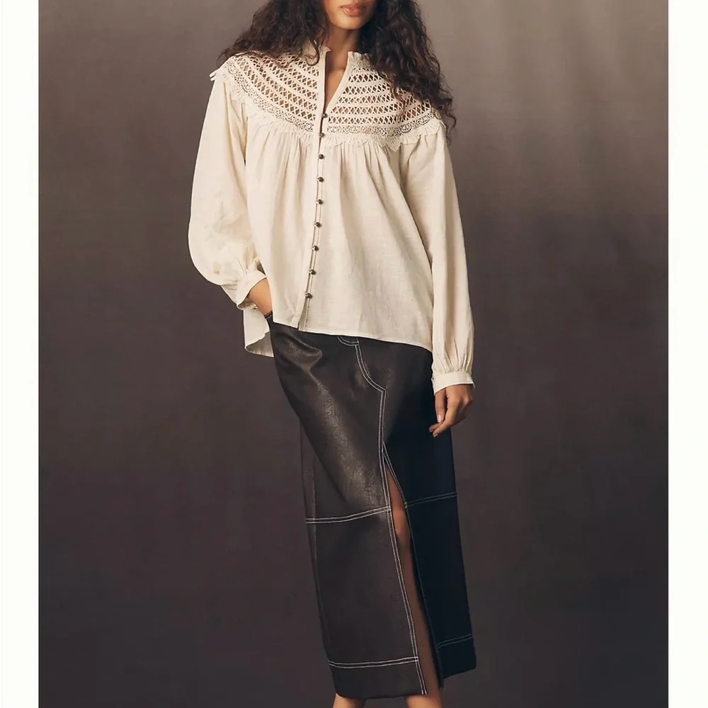 NWT Anthropologie Pilco Lace Yoke Peasant Elegant Cream Lace Blouse - Picture 2 of 11